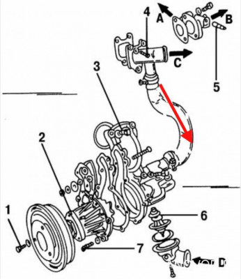 Вот такой патрубок который выходит из насоса охлаждения верхняя трубка. Вот его маркировку и артикул не могу найти.